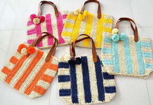 Vroue Summer Straw Beach Sak met pom-pom