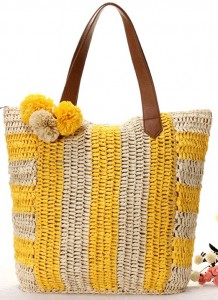 Vroue Summer Straw Beach Sak met pom-pom